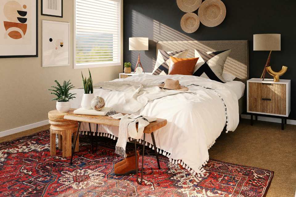 maximalist style bedroom with black accent wall and beige carpet paired with red patterned area rug